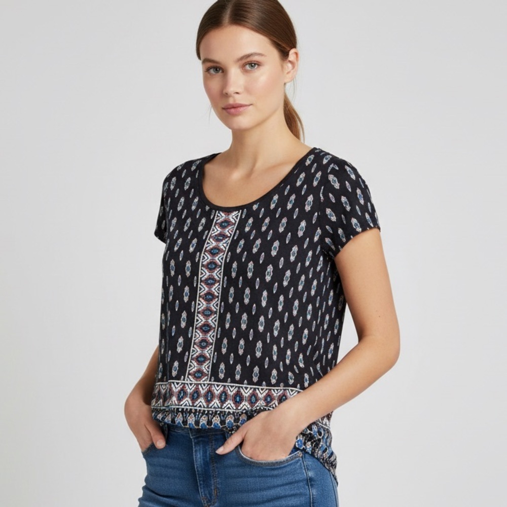 Lucky Brand Relaxed Fit Scoop Neck Tribal Print T-Shirt S